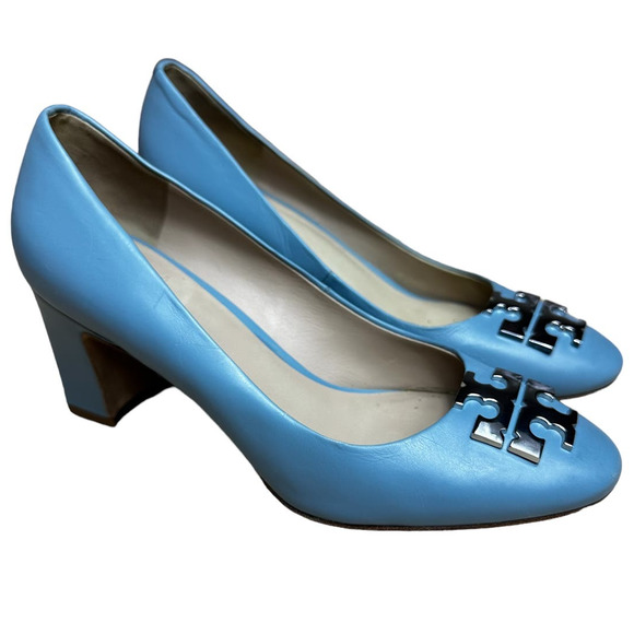 Tory Burch Shoes - Tory Burch 'Raleigh' Leather Pump Logo Toe - Brook Light Blue / Silver Size 6.5